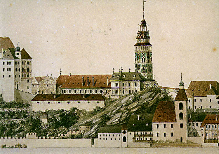 Zeitgenössische Abbildung des Schlosses Český Krumlov (16. Jahrhundert) - Detail 