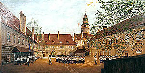 Inspection of Schwarzenberg grenadier guard, II. courtyard of Český Krumlov Castle, picture from 1900 