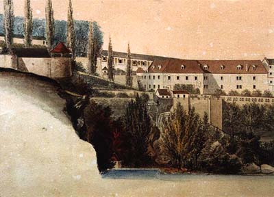 Zeitgenössische Ikonografie, die den Verlauf des Aussichtsweges in der Lokalität Rybářská festhält, Detail der Brücke auf Pfeilern 