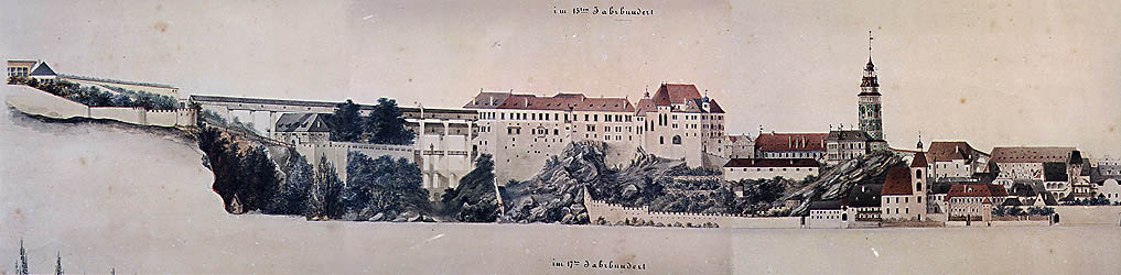Zeitgenössische Abbildung des Schlosses Český Krumlov, 17. Jahrhundert
