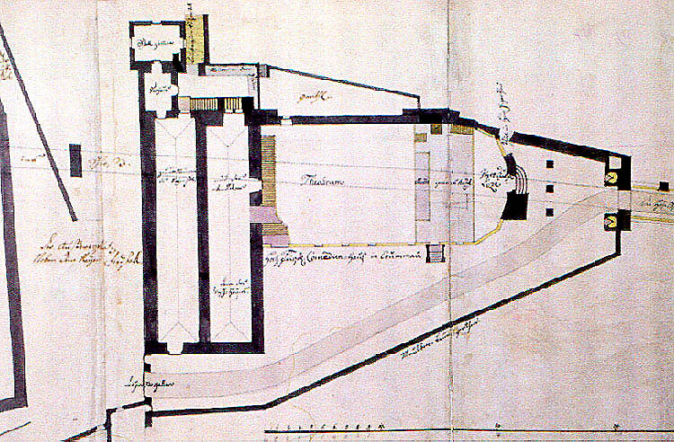 Plan aus dem Jahre 1760, der die Disposition des Schlosstheaters in Český Krumlov im 17. Jahrhundert belegt