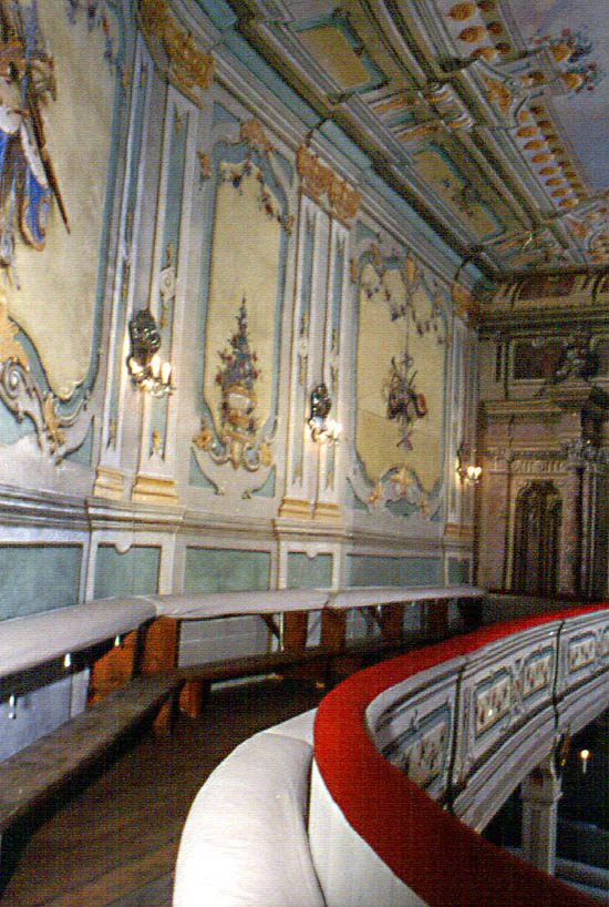 Galleries above the auditorium in the Český Krumlov Castle Theatre