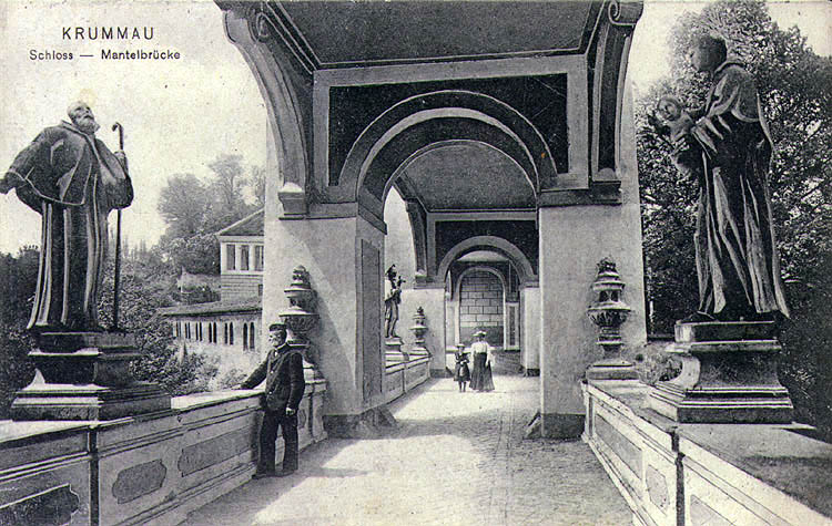 Český Krumlov, ein historisches Foto der Durchfahrt der Mantelbrücke