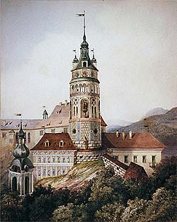 Schloss Nr. 59 - Kleine Burg, Karel Zenker, 1843, Ansicht der Kleinen Burg und des Schlossturmes 