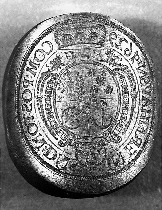 Ražba mincí na zámku v Českém Krumlově, detail razicího kolku, 1629
