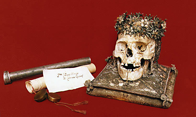 Český Krumlov Castle, remains of St. Calixtine in Castle chapel of St. George, skull and tube with documents of authenticity from 1663 