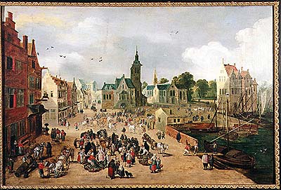 Schloss Český Krumlov, Gemäldegalerie, Blumenmarkt am Hafen, flämischer Maler aus dem 1. Viertel des 17. Jahrhunderts 