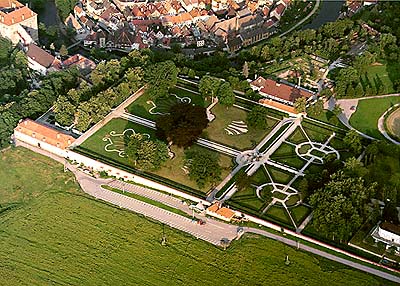 Aerial view of lower part of Castle Gardens in Český Krumlov 