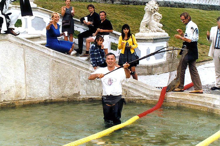 Celebration of the re-opening of the Cascade Fountain in Český Krumlov Castle Gardens, 3. August 1998, Director of State Castle and Chateau PhDr. Pavel Slavko with net for catching carp