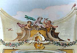 Summer Manor Bellarie in Český Krumlov Castle Gardens, painted decorations - František Jakub Prokyš, second half of 18th century, detail of ceiling decoration on upper floor - floral garlands and putti 