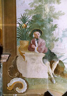 Summer Manor Bellarie in Český Krumlov Castle Gardens, painted decorations - František Jakub Prokyš, second half of 18th century, detail of wall decorations on the lower floor, cavalier in gardens with pineapple 