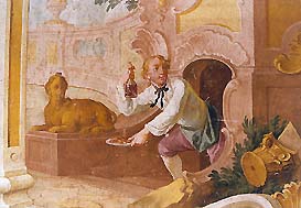 Summer Manor Bellarie in Český Krumlov Castle Gardens, painted decorations - František Jakub Prokyš, second half of 18th century, detail of wall decorations on the lower floor, man with wine in gardens 