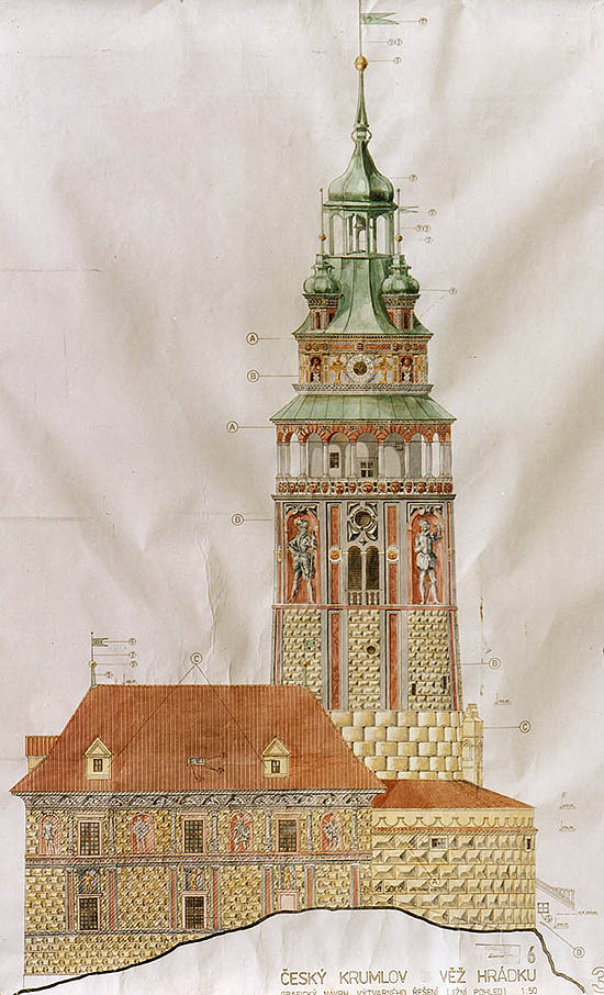 Variante vom Entwurf der farbigen Lösung der Fassade des Schlosturmes in Český Krumlov, foto:  Ladislav Pouzar