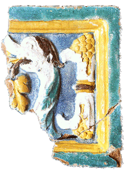 Barevně glazovaný kamnový kachel s alegorickým motivem (zámek Český Krumlov, 16. století), nález z archeologického výzkumu v roce 1995, foto: Michal Ernée, 2000 
