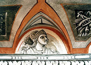 Schloss Nr. 59 - Kleine Burg, Detail der Wandmalerei an der Fassade des Objektes, 