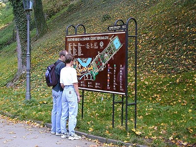 Schloss Český Krumlov, Touristen studieren das Informationssystem, 2000, Foto: Zdena Flašková 